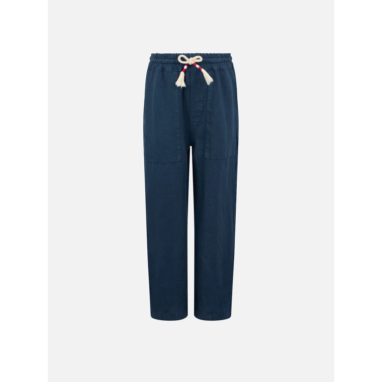 Mc2 Saint Barth Boy Navy Blue Linen Calais Jr Pants With Drawstring