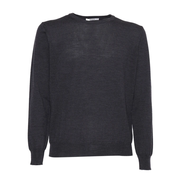 Kangra Cashmere Plain Knit Sweater Grey Extrafine Merino Wool Crewneck - Men