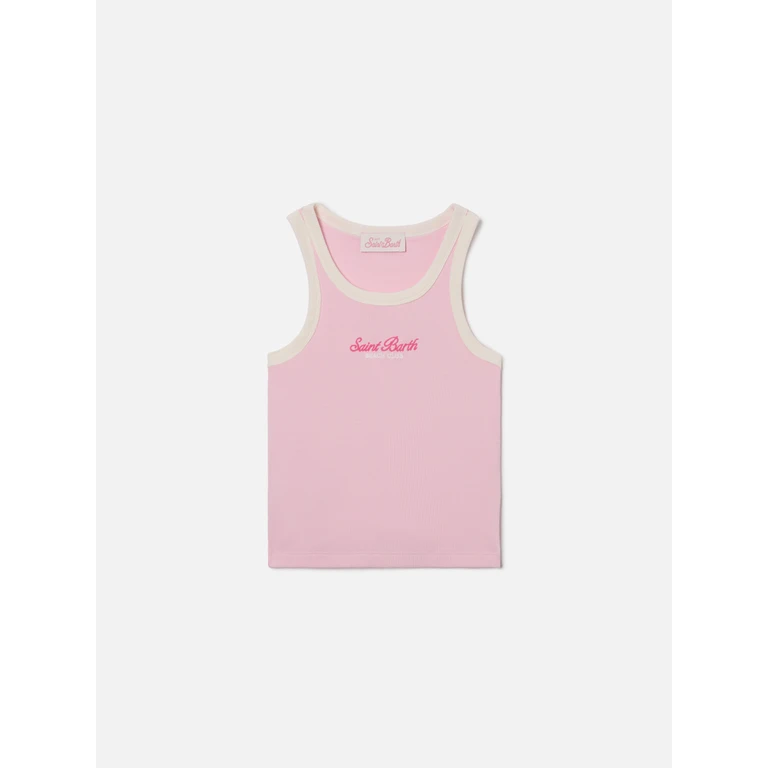Mc2 Saint Barth Blue Jr Tank-Top Pink With Embroidered Logo And Cream Trims Top_apparel