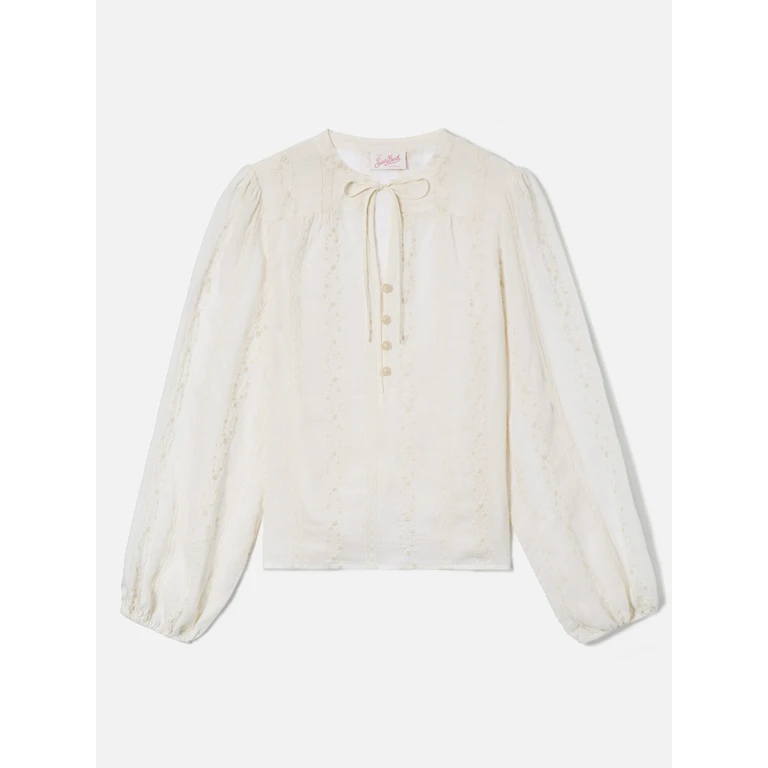Mc2 Saint Barth Beige Ramie Harper Blouse With Embroidered Motif White Shirt - Women