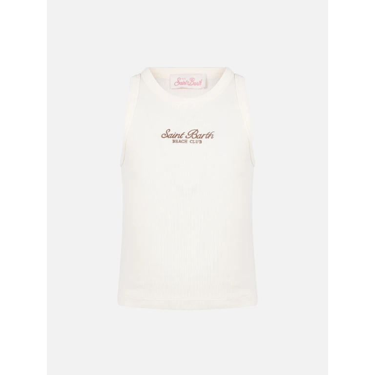 Mc2 Saint Barth Blue Jr Off-White Rib-Knit Cotton Crop Tank With Embroidery Top_apparel