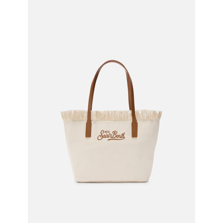 Mc2 Saint Barth White Medium City Canvas Shopper Bag With Fringes __single__ - Unisex