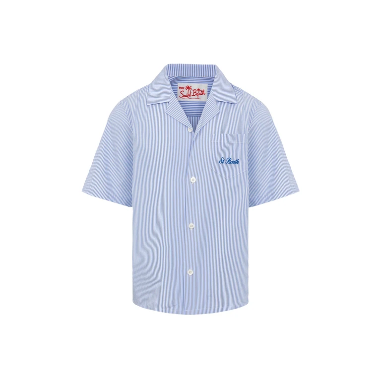 Mc2 Saint Barth Kalea Cotton Shirt With Too Cool For School Embroidery Blue