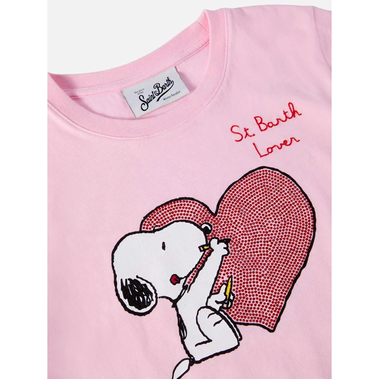 Mc2 Saint Barth Penny Long-Sleeve Cotton T-Shirt Pink With Snoopy Print And Rhinestone Appliqué Peanuts Special Edition