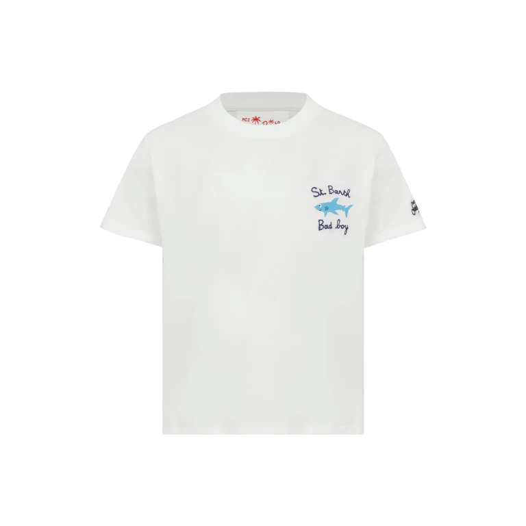 Mc2 Saint Barth Portofino Jr Cotton Jersey T-Shirt With St. Barth Bad Boy Embroidery White