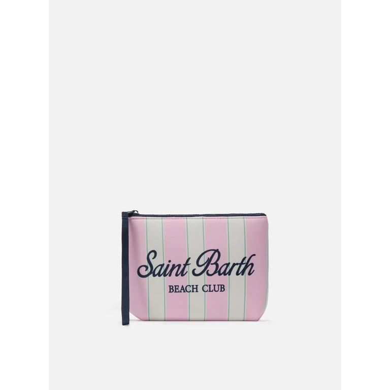 Mc2 Saint Barth Aline Scuba Pouch With Pink And Green Striped Print Beach Club Logo Pochette - Unisex