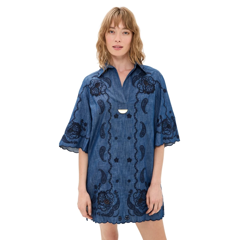Zimmermann Aster Embroidered Denim Mini Dress Railway Blue 0