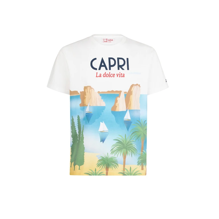 Mc2 Saint Barth Boy Cotton T-Shirt With Capri Postcard Print Blue