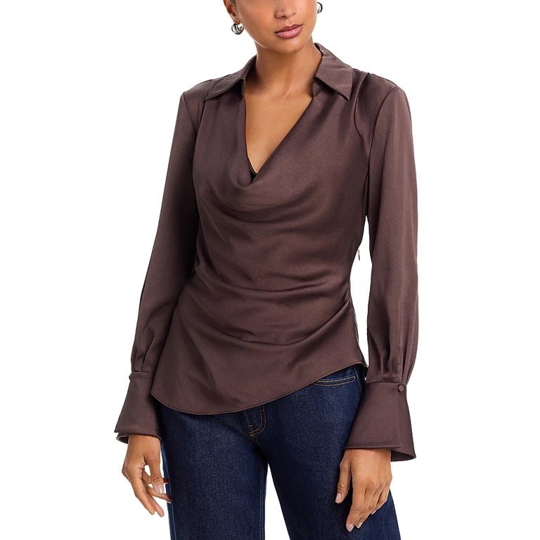 Simkhai Symone Satin Long Sleeve Cowlneck Top