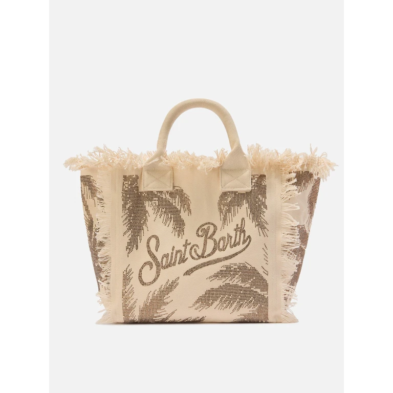 Mc2 Saint Barth Canvas Vanity Regular Bag With Palm Print Rhinestones Brown - Unisex