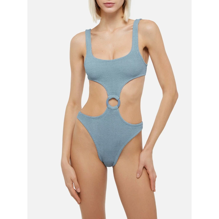 Mc2 Saint Barth Laurel Crinkle Lurex Silver Cut-Out One-Piece Swimsuit Blue One Piece - Women