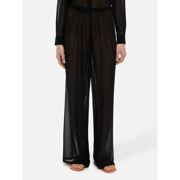 Mc2 Saint Barth Amalia Black Wide-Leg Georgette Trousers With Rhinestone Embellishment Pant - Women
