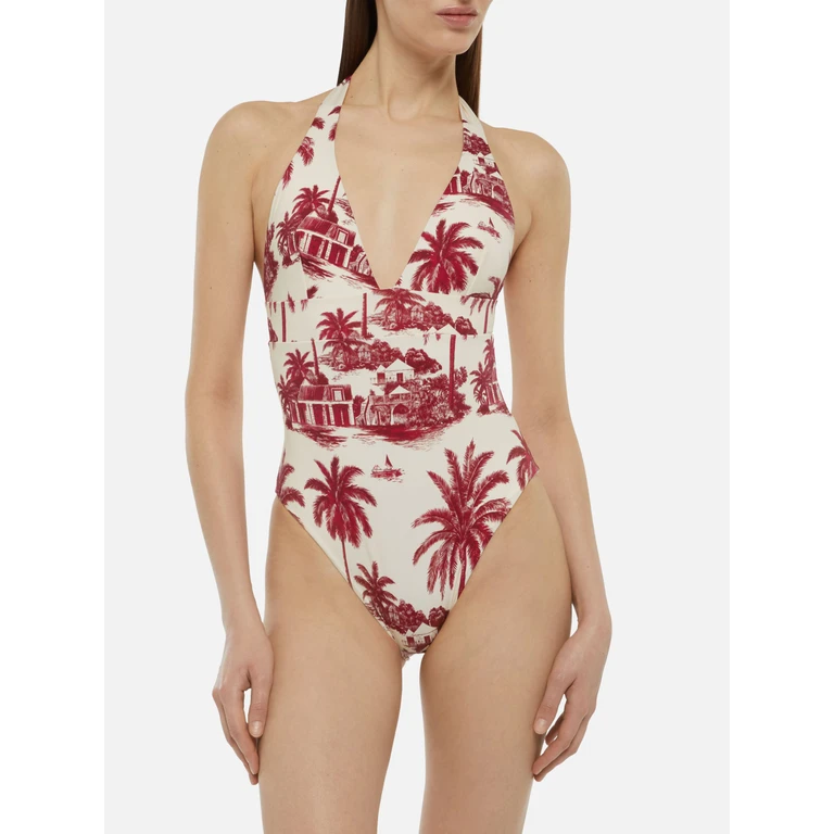 Mc2 Saint Barth Marylin One-Piece Swimsuit With Toile De Jouy Print Ai Co-Created Design By Rickdick - Powered Red-Eye White One Piece - Women