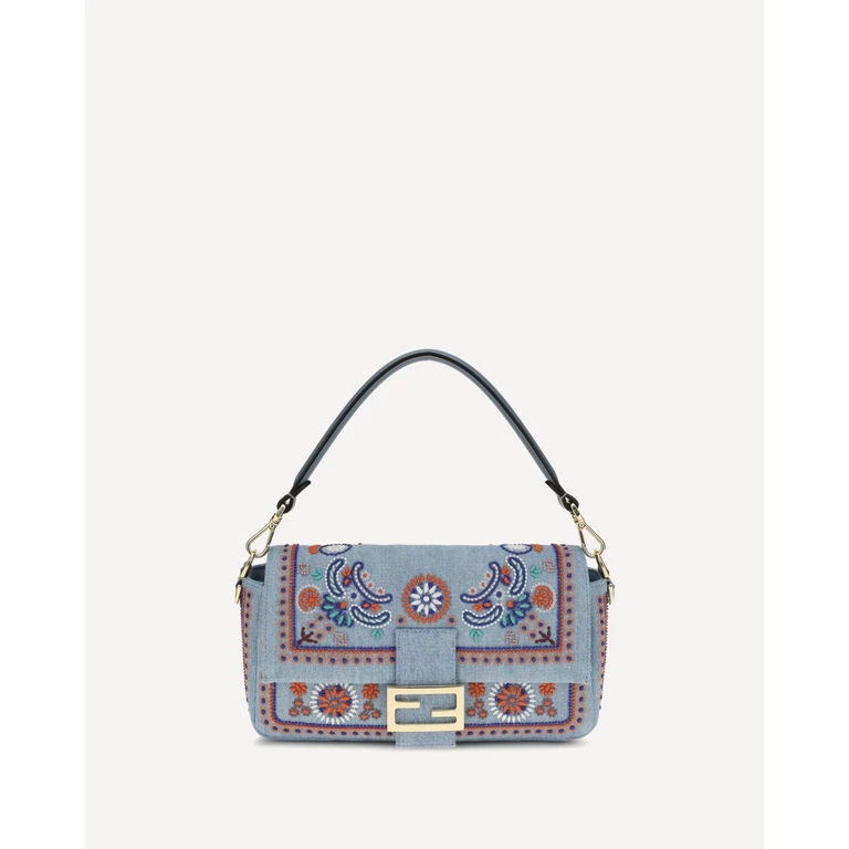 FENDI Multicolor embroidered denim Shoulder Bag Female UNI