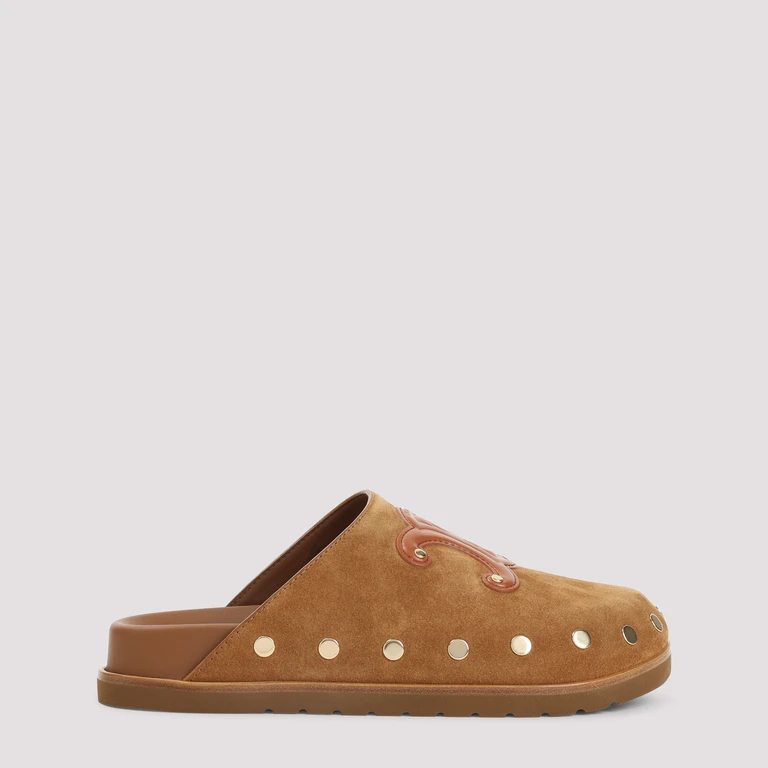 Celine Triomphe Wedge Mules Brown Suede Calf Leather - Women