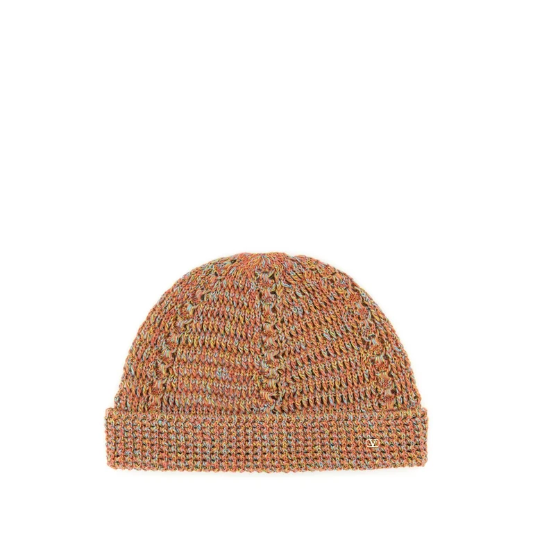 Valentino Garavani Multicolor Linen Blend Knitted Vlogo Signature Beanie Hat Ocramouline' Exterior: Cotton Cuffie - Men