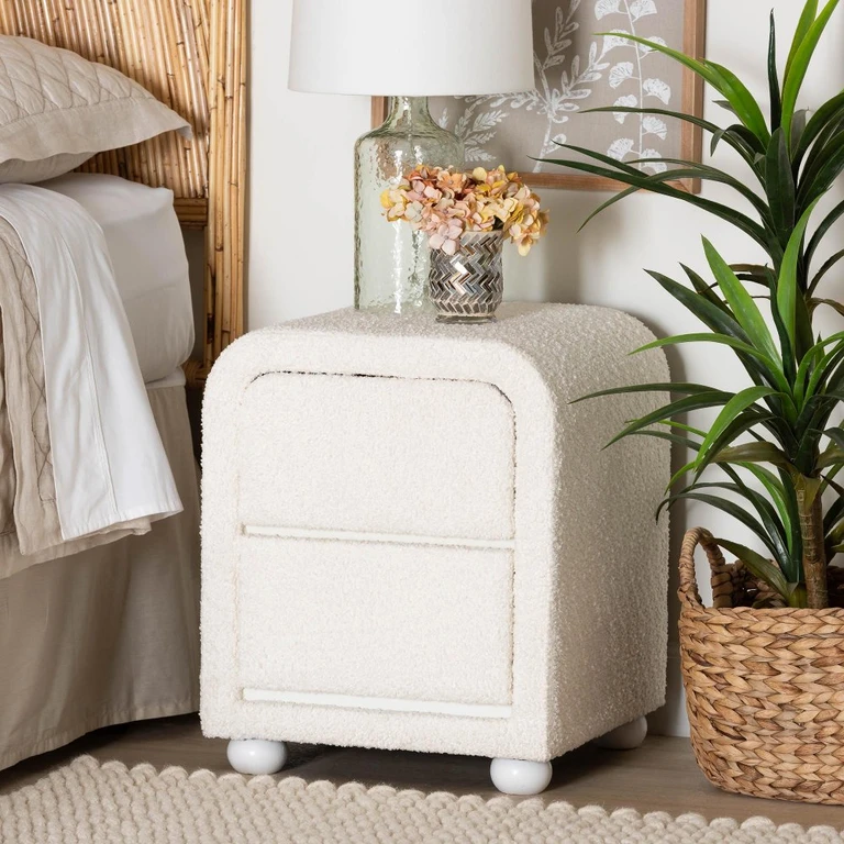 Lavina White Boucle 2-Drawer Nightstand
