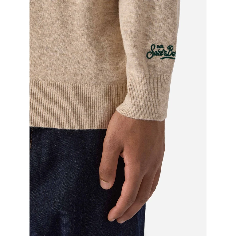Mc2 Saint Barth Crewneck Sweater Heron Light With Time Has No Price Clock Embroidery Brown - Men