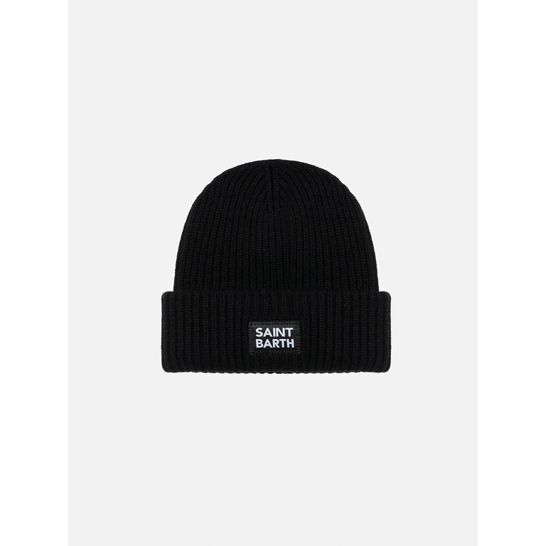 Mc2 Saint Barth Black Ribbed Beanie Berry Jr With Saint Barth Patch Hat - Unisex