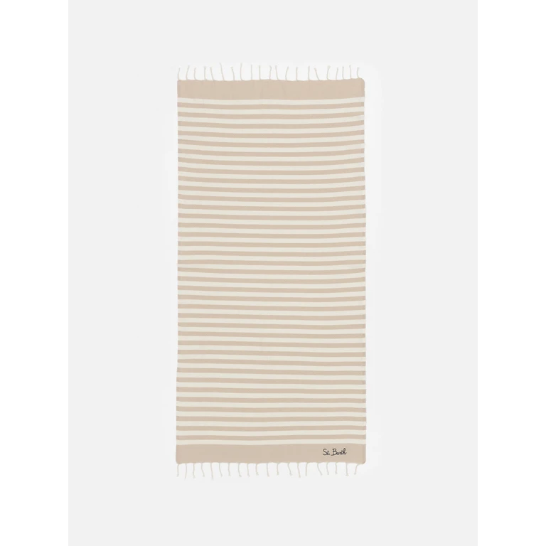 Mc2 Saint Barth Cotton Beach Towel Fouta With Beige Striped Print White - Unisex
