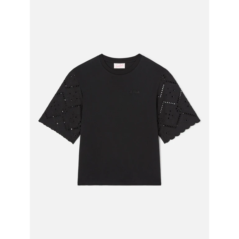 Mc2 Saint Barth Black Maisa T-Shirt With Sangallo Sleeves And St. Barth Embroidery - Women