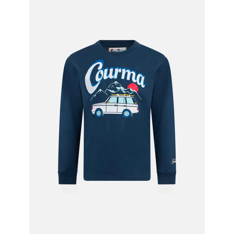 Mc2 Saint Barth Boy Heavy Cotton T-Shirt With Courma Mountains Car Print Blue