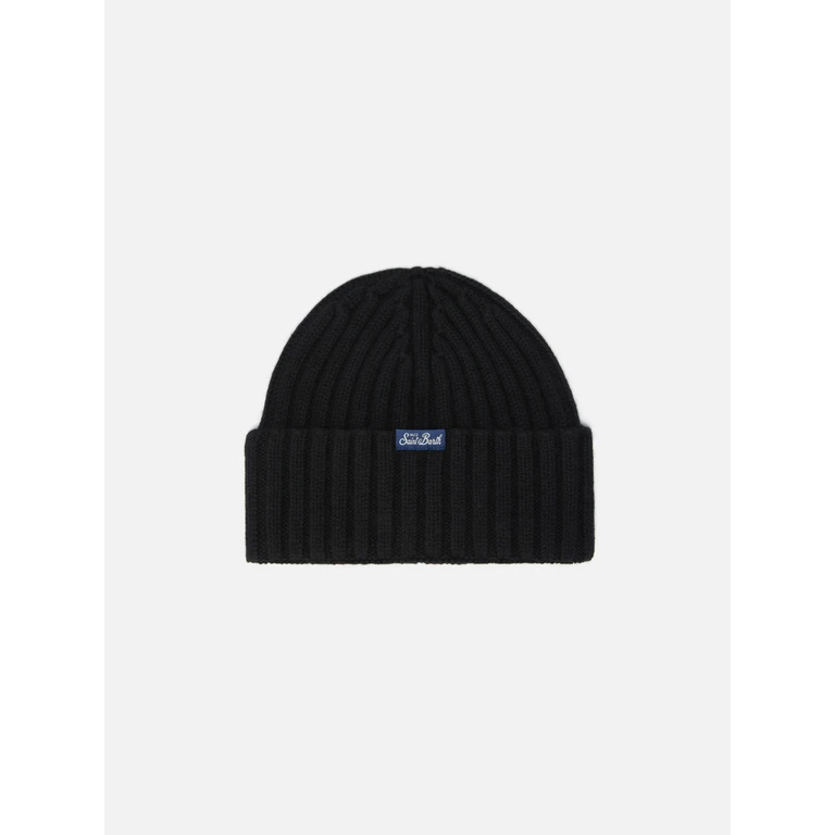Mc2 Saint Barth Wengen Jr Beanie Cashmere Blend Black With Piccola Peste Embroidery Hat - Unisex