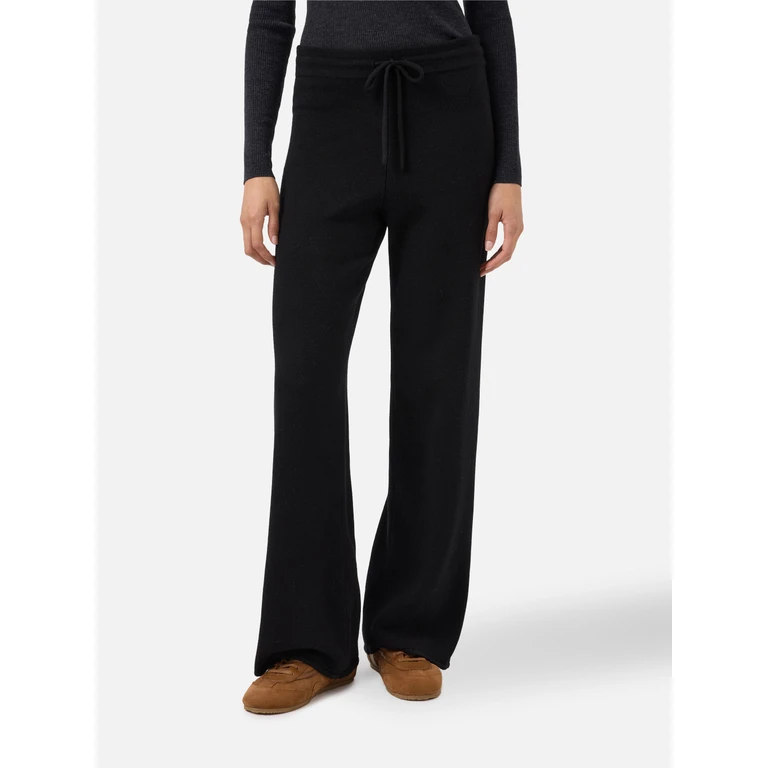 Mc2 Saint Barth Cambon Palazzo Trousers Pure Wool Black High Waist With Drawstring Pant - Women