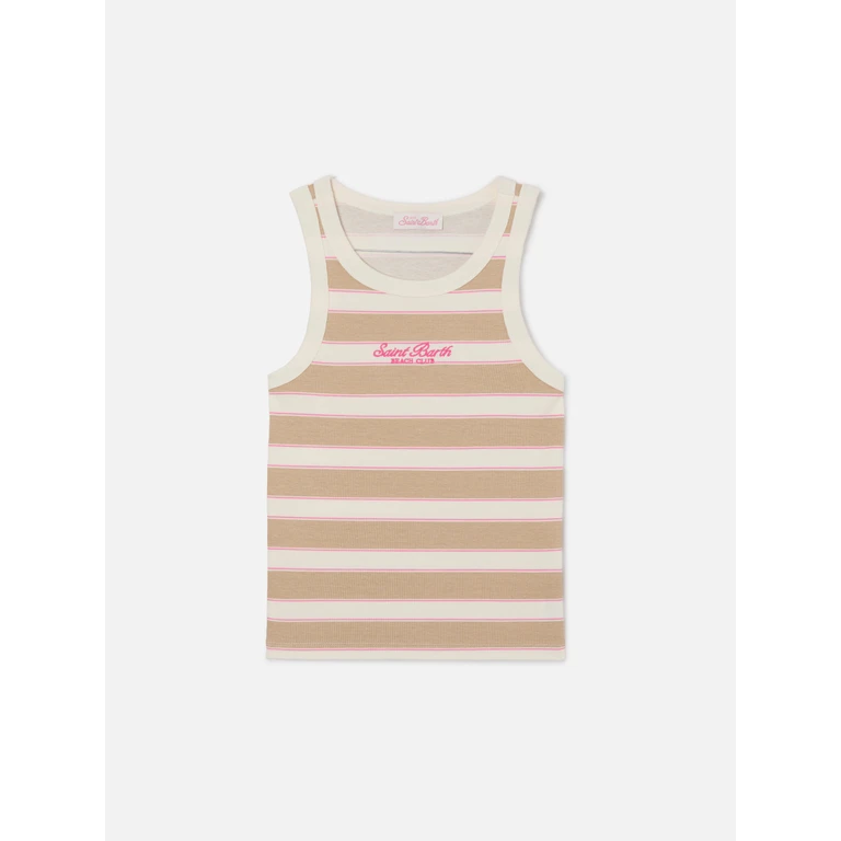 Mc2 Saint Barth Beige Striped Ada Tank Top With Beach Club Embroidery Brown Top_apparel - Women
