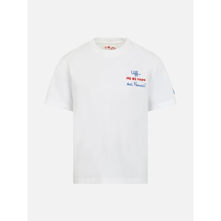 Mc2 Saint Barth Boy Cotton Jersey T-Shirt Portofino Jr With Me Ne Vado Dai Nonni Embroidery White