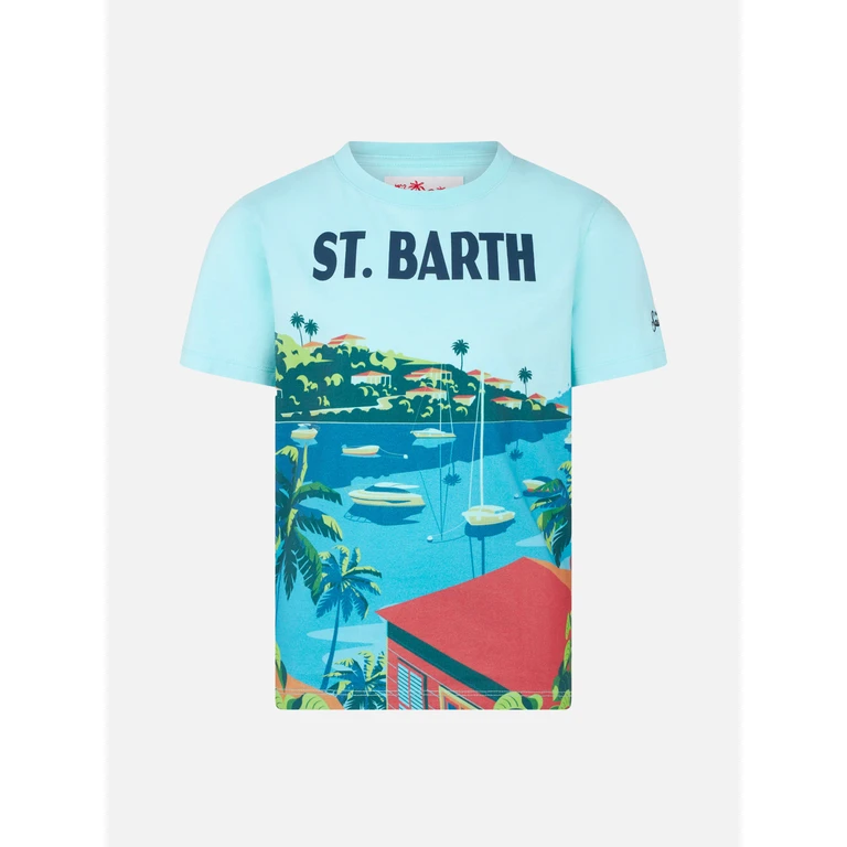 Mc2 Saint Barth Boy Cotton T-Shirt With St. Barth Postcard Print Green