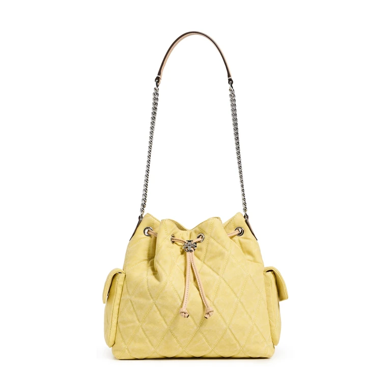 Tory Burch Charlie Quilted Denim Drawstring Shoulder Bag Yellow One Size
