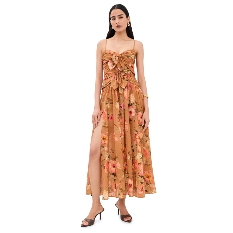 Zimmermann Mahon Tie Front Midi Dress Tan Hibiscus 4