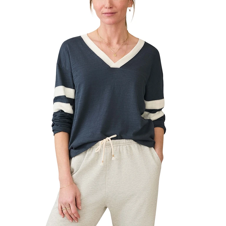 Faherty Slub Varsity V Neck Top