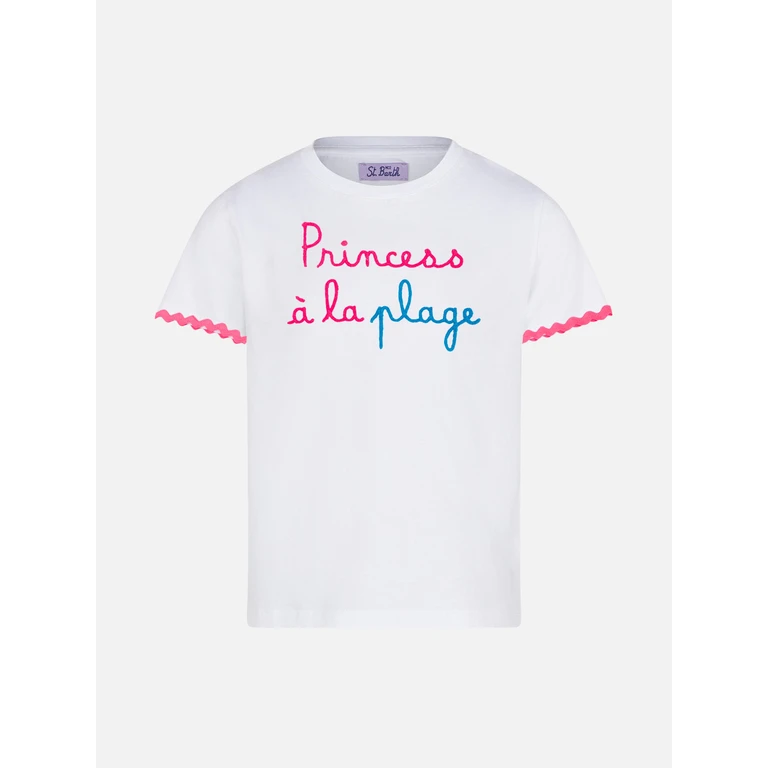 Mc2 Saint Barth Girl T-Shirt With Princess À La Plage Lettering And Embroidery White