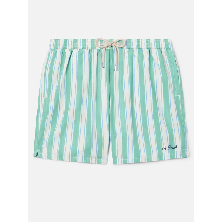 Mc2 Saint Barth Syros Swim Shorts With Green Striped Pattern And Logo Embroidery Swimshort - Men