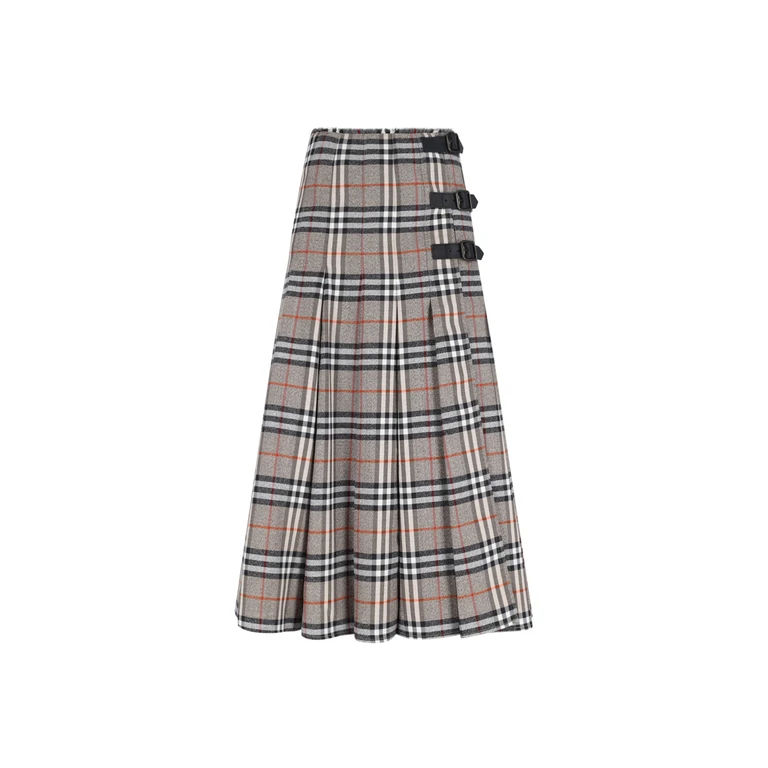 Burberry Beige Midi Skirt With Side Buckle Closure And All-over Check Motif In Wool Woman