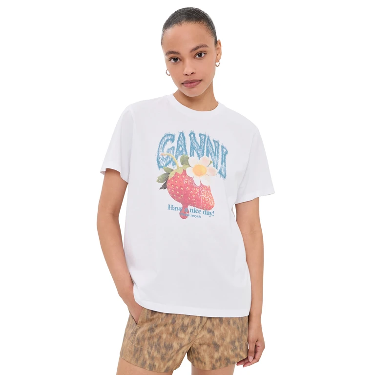 GANNI Basic Cotton Jersey Strawberry Print Tee Bright White L