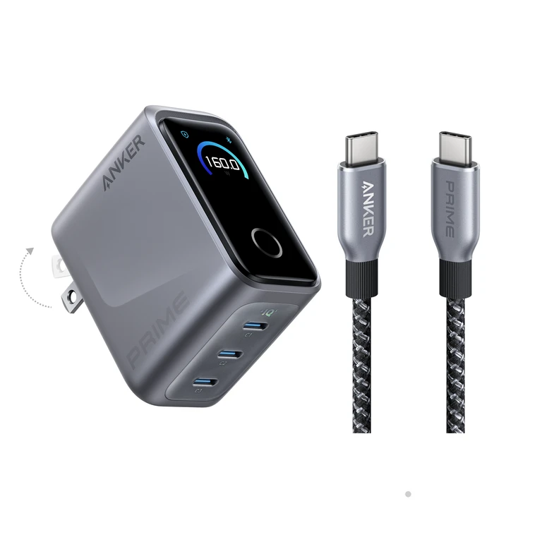 Anker Prime Charger (160W, 3 Ports, Smart Display) with Anker Prime USB-C to USB-C Cable (240W, Upcycled-Braided)