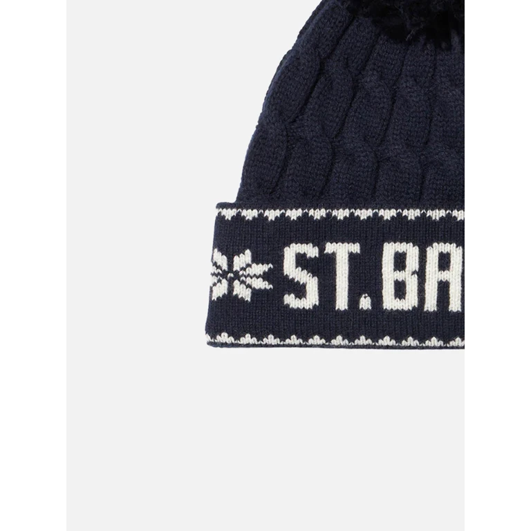 Mc2 Saint Barth Boy Navy Blue Beanie With Pompon Hat