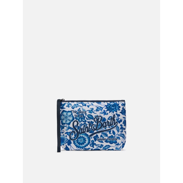 Mc2 Saint Barth Aline Scuba Pouch With Blue Floral Majolica Print White Pochette - Unisex