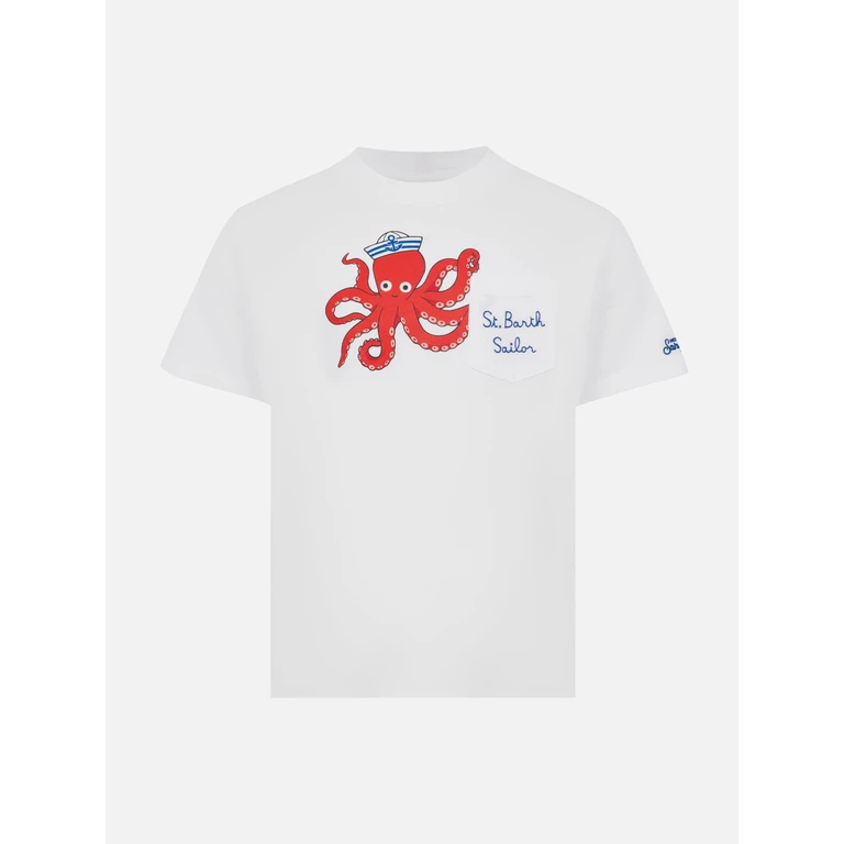 Mc2 Saint Barth Eddy Cotton T-Shirt With Octopus Print And St. Barth Sailor Embroidery White