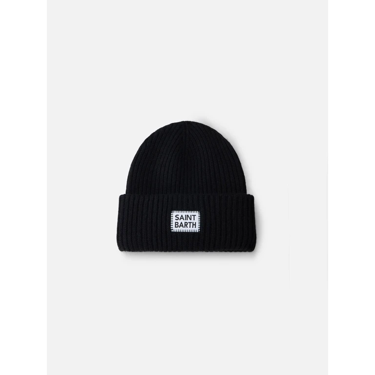 Mc2 Saint Barth Black Ribbed Beanie Berry With Saint Barth Patch Hat - Unisex
