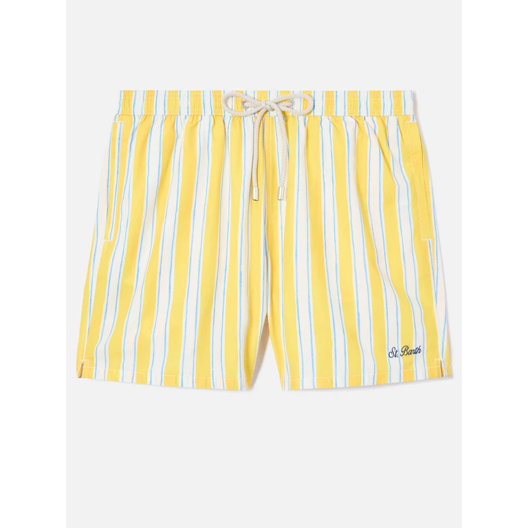 Mc2 Saint Barth Syros Swim Shorts With Yellow Striped Pattern And Logo Embroidery Swimshort - Men
