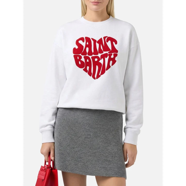 Mc2 Saint Barth Crewneck Sweatshirt With Flocked Saint Barth Heart White - Women