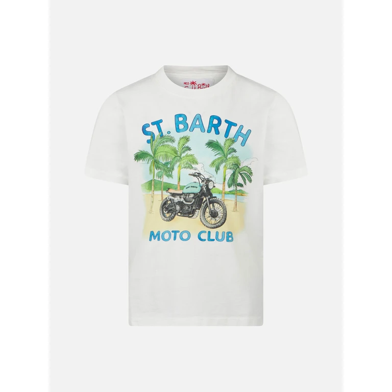 Mc2 Saint Barth Boy Cotton T-Shirt With Motorcycle Print White