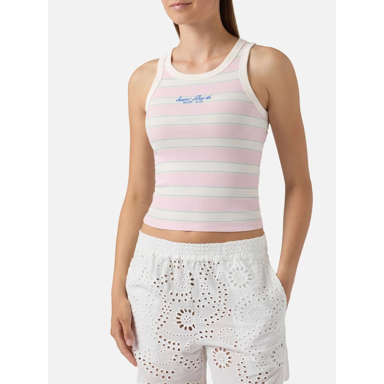 Mc2 Saint Barth Pink Striped Ada Tank Top With Beach Club Embroidery Top_apparel - Women