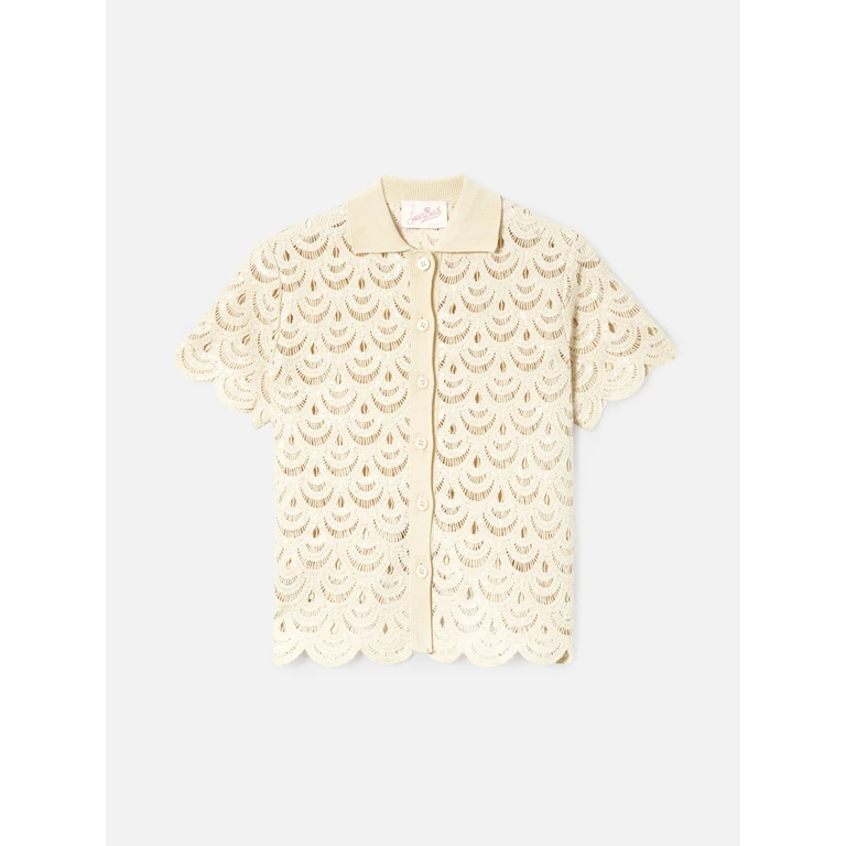Mc2 Saint Barth Meave Crochet-Effect Cotton Knit Polo With Sequins White Shirt - Women