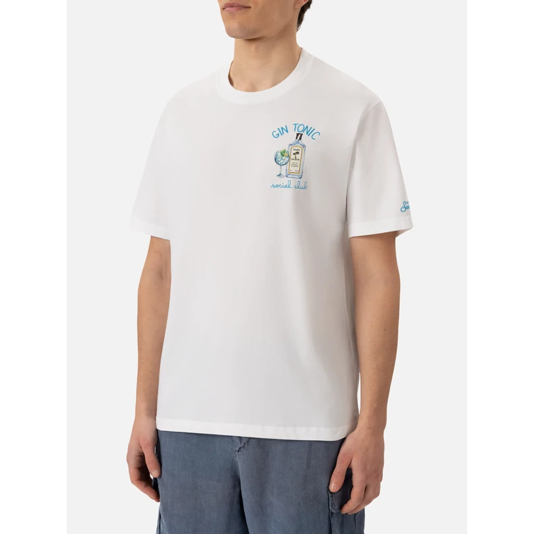 Mc2 Saint Barth Organic Cotton T-Shirt With Gin Tonic Cocktail Social Club Embroidery White - Men