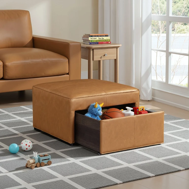 Mattie Carmel Brown Faux Leather Storage Ottoman